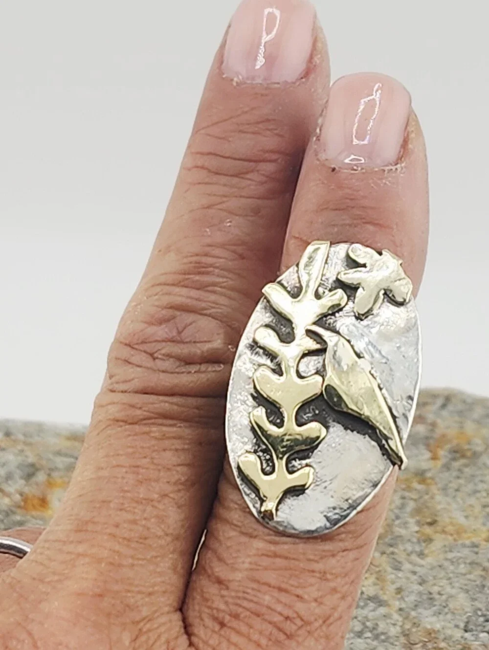 BOTANICAL ORGANIC STERLING SILVER & BRASS FLORAL RING HANDMADE SIZE 7
